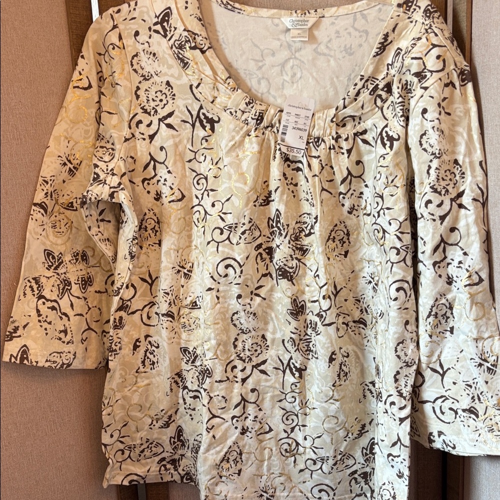 Christopher and Banks Cream and Brown Patterned Long Sleeve Top xl NWT